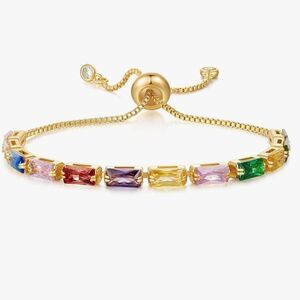 NEW 14K Gold Plated Cubic Zirconia Adjustable Multicolor Gemstone Gold Bracelet